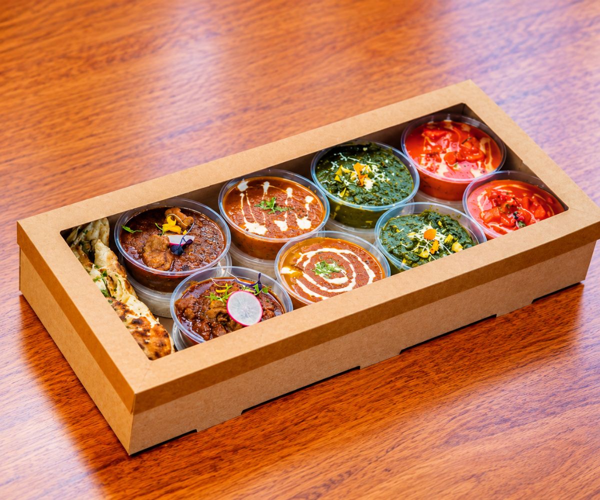 Mixed Indian Feast Box with Curries, Rice and Naan
